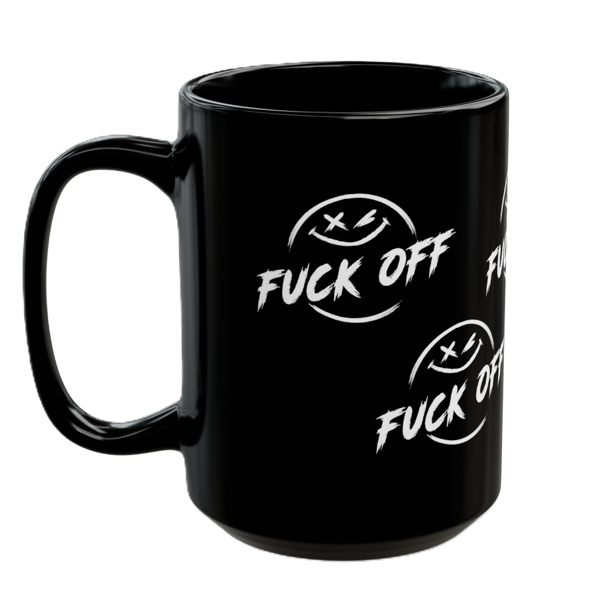 "FUCK OFF" Black Ceramic Mug - Smiley Says “Fuck Off" (11oz and 15oz)
